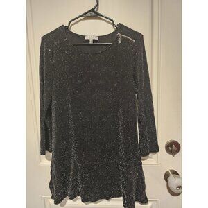 Chaus New York Womens Black Sparkle Blouse Long Sleeve with Zipper Accent Medium